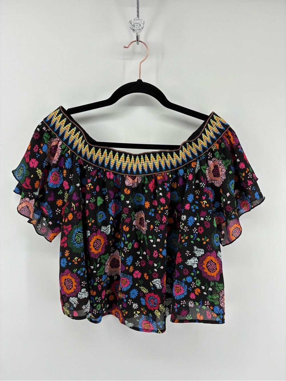 Guess Multicolor Floral Off-Shoulder Blouse Aztec Embroidered Collar